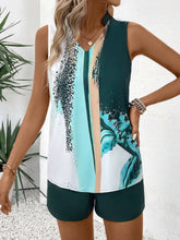 Color-Block Print Vacation Sleeveless Vest And Shorts Set With Notched Neckline, Casual